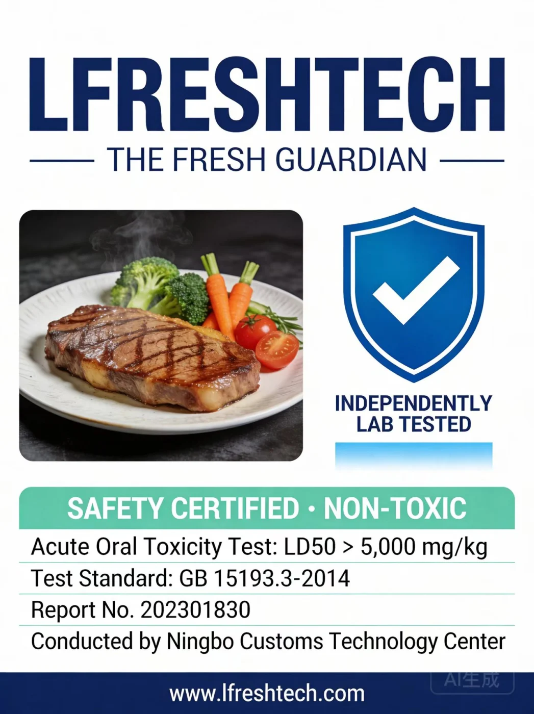 Resumen de la certificación de seguridad alimentaria de LFreshTech que muestra material de enfriamiento flexible no tóxico y probado de forma independiente