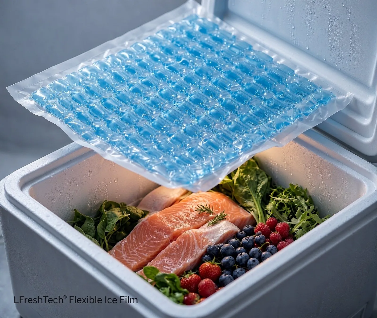 Fresh food in a cooler with flexible ice film