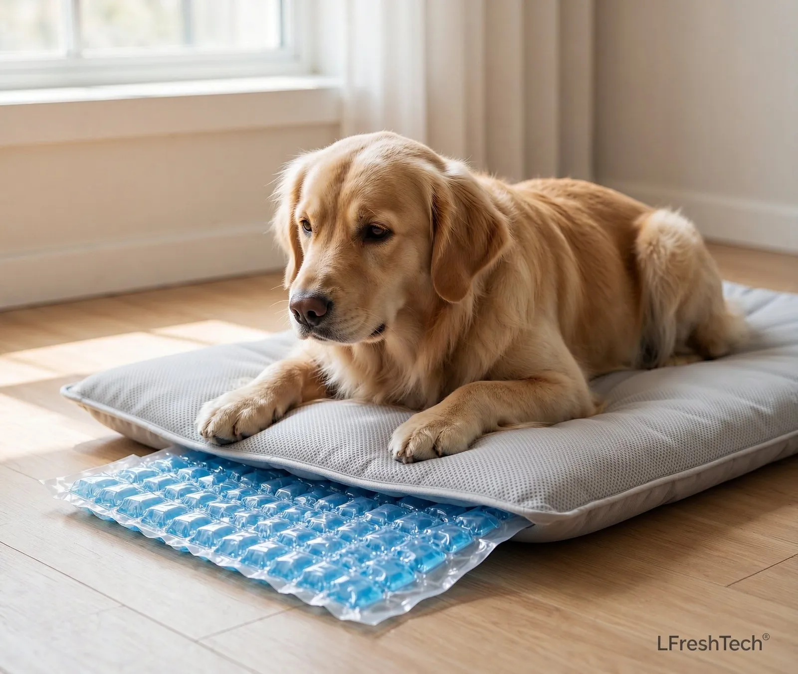 Dog resting on a cooling mat